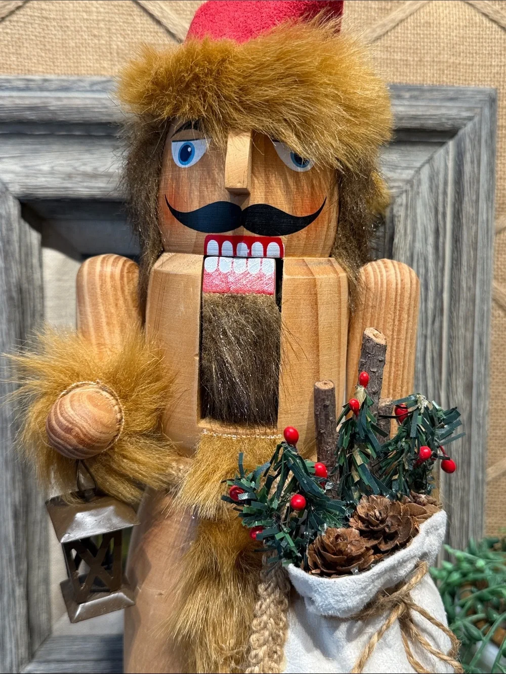 Wooden Nutcracker Santa with Red Hat and Fur Trim